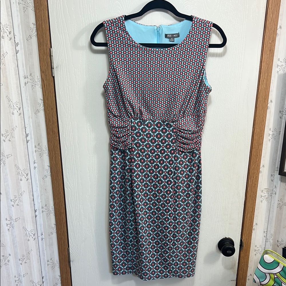 Roz & Ali Pink, Black and Carolina Blue Geometric Ruched Midi Sheath Dress
